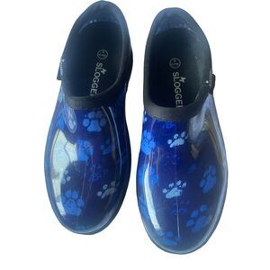 Sloggers Women's Blue Grungy Paw Print Garden Clogs Comfort Shoes Size 6